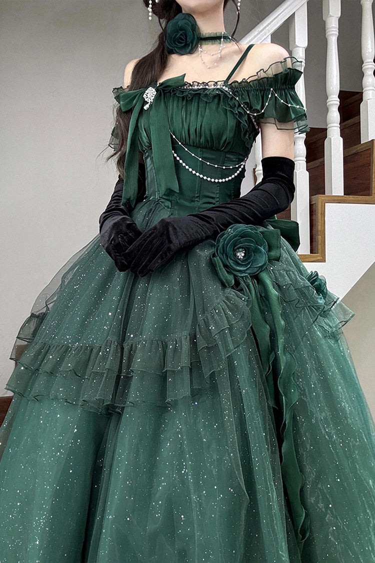 Emerald Bright Stars Off Shoulder Ruffle Bow Asymmetric Elegant Princess Lolita Gown