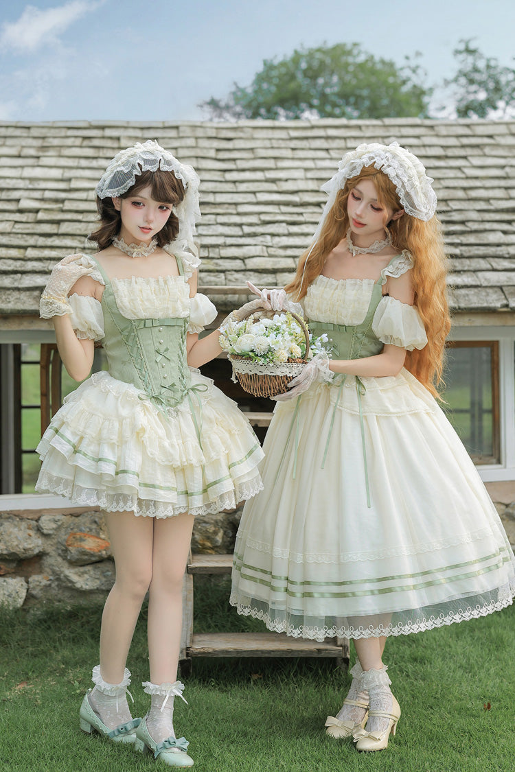 Emerald Square Neck Ruffled Lace Bow Accent Sweet Lolita JSK in Two Styles