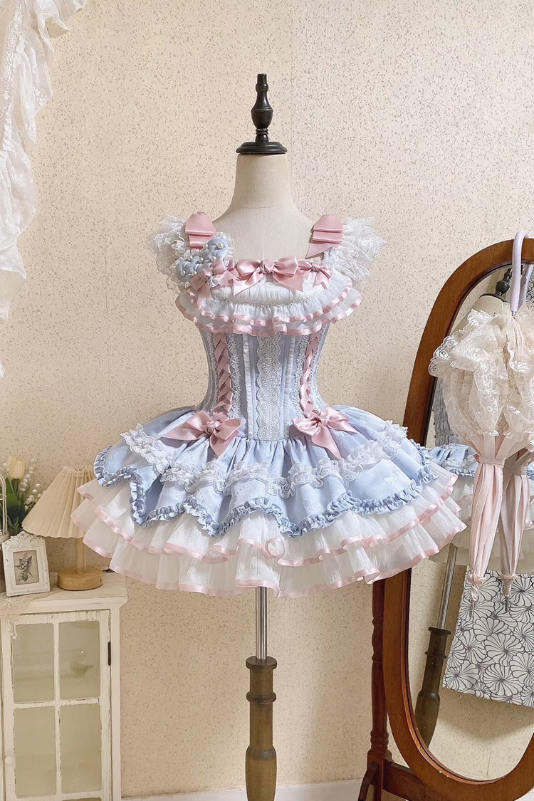 Azure Triple Ruffled Bow Lace-Up Slim Ballet Sweet Lolita Outfit