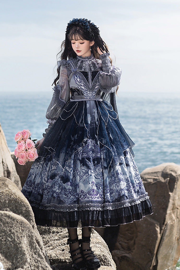 Asymmetric Classic Elegant Print Ruffled Bow JSK - Angel Garden