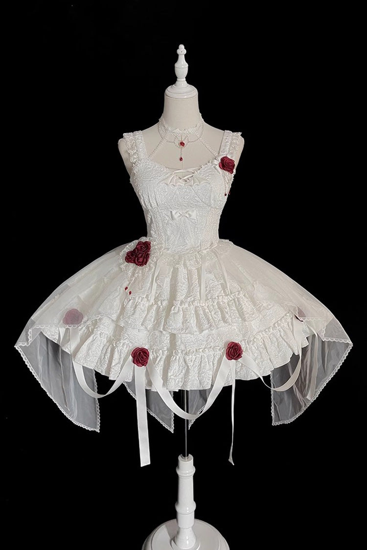 Crying Rose Double-Layer Ruffled Embroidered Bow Lace Gothic Ballet Lolita Skirt Set in 4 Shades