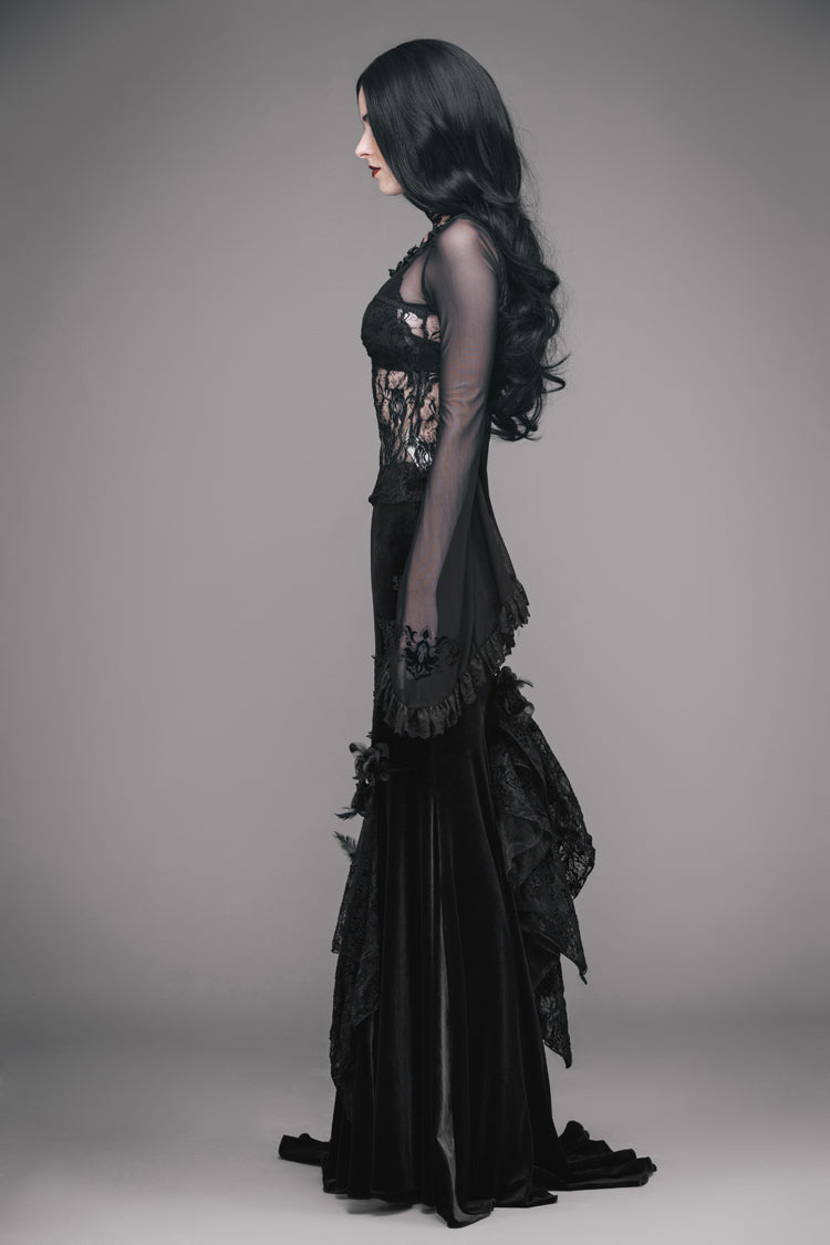 Gothic T-Shirt with Big Flare Sleeves Rose Lace and Mesh Collar