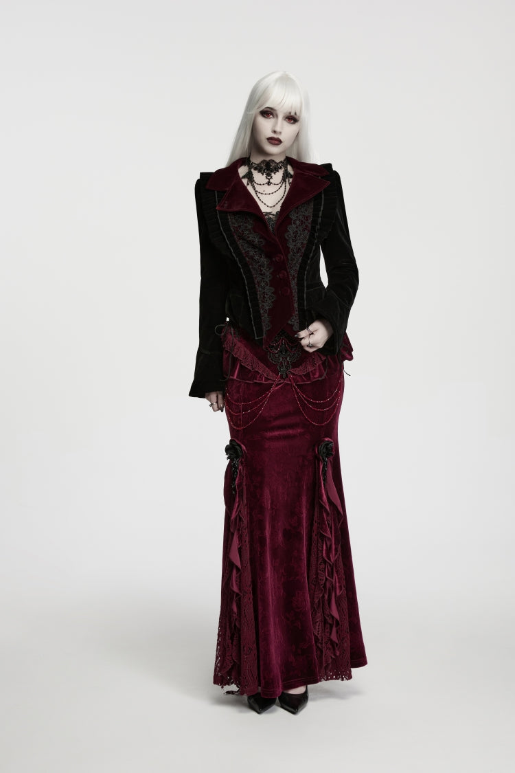 Crimson Noir Asymmetric Lace-Up Trumpet-Sleeve Royal Velvet Gothic Coat