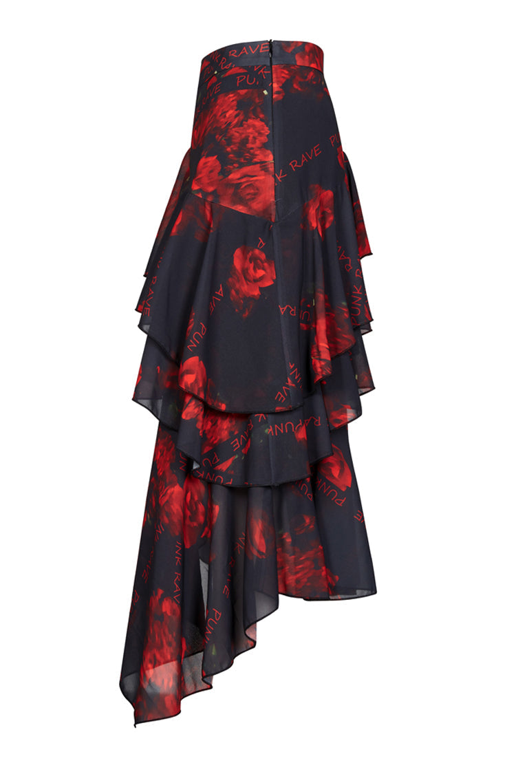 Crimson Noir Layered Chiffon Pattern Print High-Waist Punk Skirt