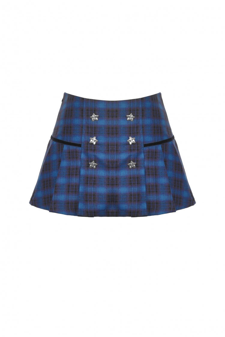 Vintage College Style Stars Plaid Pleated Mini Skirt