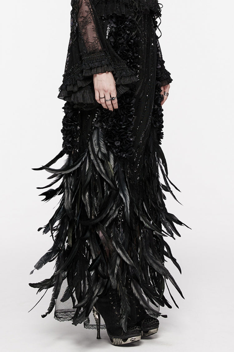 Gothic Skirt with Sequin and Feather Details for Women - Noir