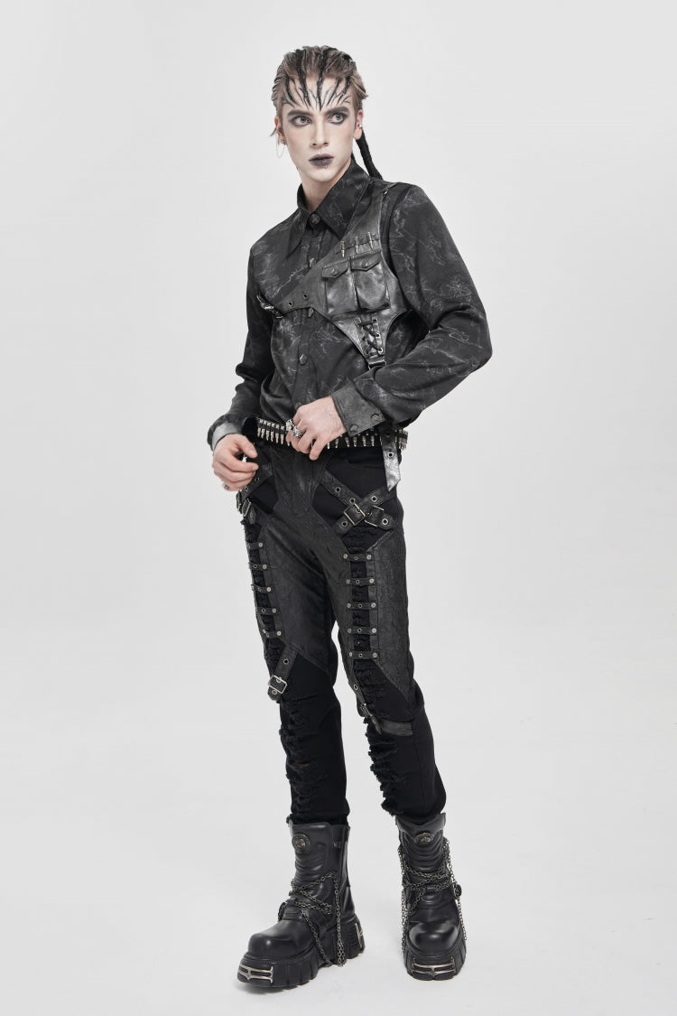 Punk Asymmetric Blouse with Print Stitching and Bullet Detail, Long Sleeve