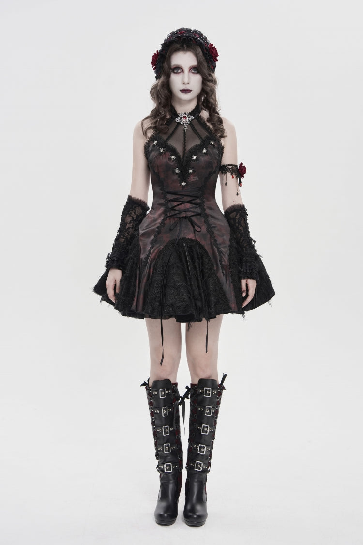 Crimson & Noir Off-Shoulder Strapless Lace-Up Pleated Gothic Gown with Embroidered Trim