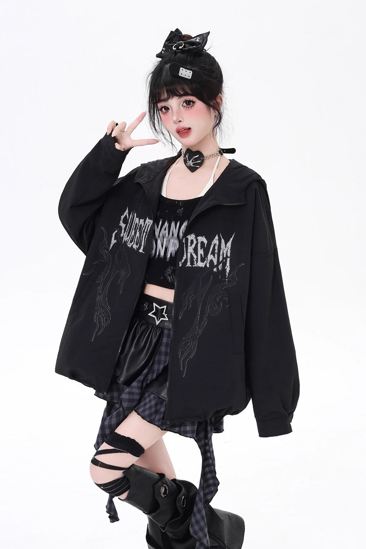 Loose Jirai Kei Gothic Coat with Print and Zipper, Long Sleeve