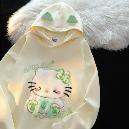 Pull à capuche avec petites oreilles brodées et motif chat KI589