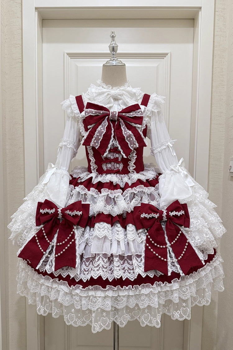 Burgundy Crossed Heart Knot Sleeveless Layered Ruffle Hanayome Cardigan Bow Lace Lace-Up Sweet Lolita JSK Dress