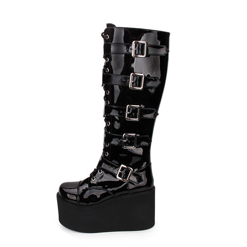 Long Gothic Lolita Boots in Patent Leather with Cross and Lace-Up Detail