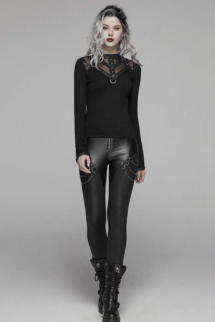 Women's Punk Leggings with Crack Velvet, Knit PU Leather, Metal Buckle and Chain