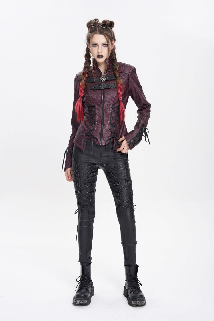 Burgundy Pentagram Buckle Punk Jacket