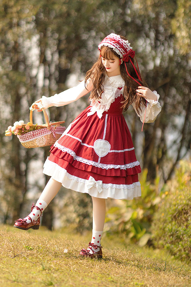 Burgundy Bow-Trimmed High-Waist Lace Sweet Lolita Jumper