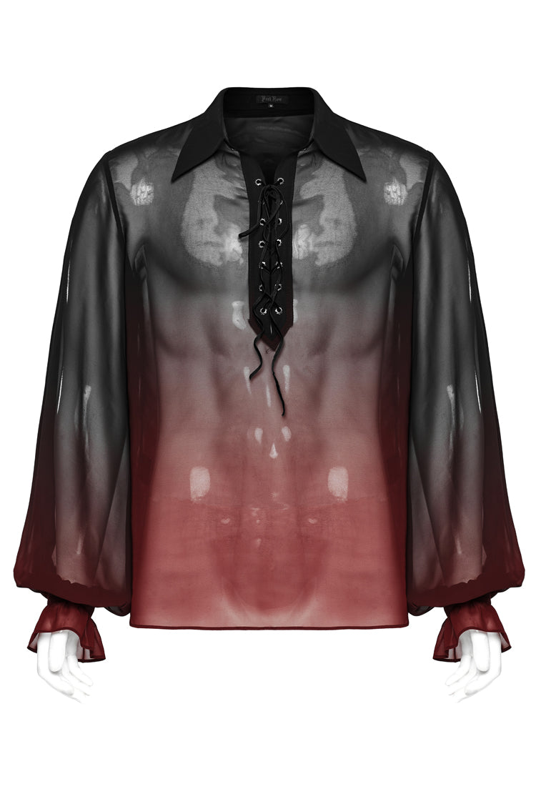 Crimson Noir Sheer Gradient Long-Sleeve Men's Gothic Blouse