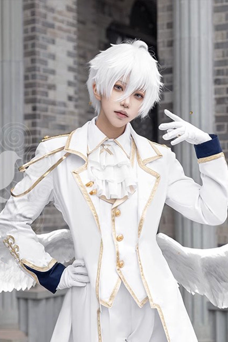White Angelic Prince Elegant Ouji Lolita Ensemble with Coat, Shirt, Trousers, Waistcoat, Scarf