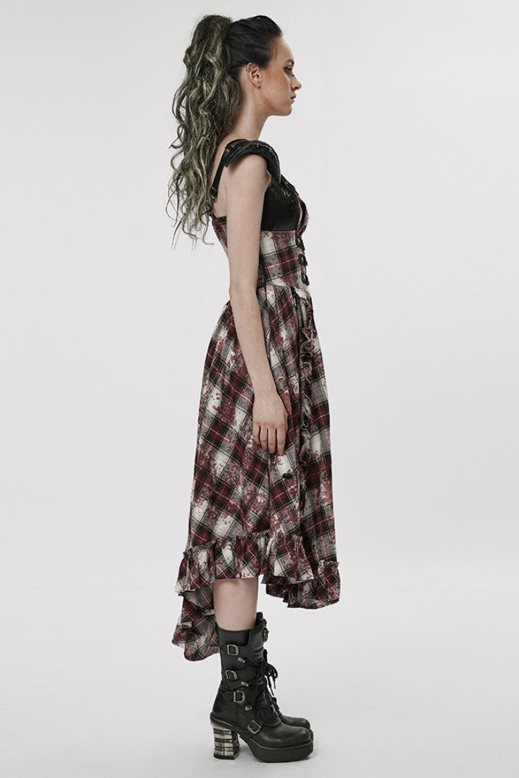 Crimson Noir Leather Strap Plaid Ruffle Irregular Steampunk Dress