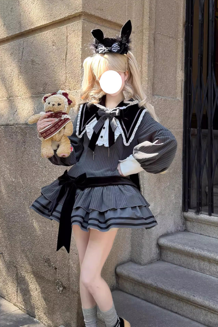 Navy Collar Long Sleeve Ruffle Gothic Dress - Bizarre Rabbit Opera