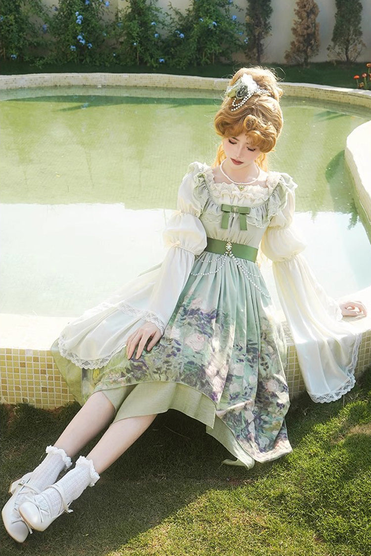 Emerald Blooming Roses Oil Painting Chiffon Ruffle Bow Irregular Sweet Lolita Jumper
