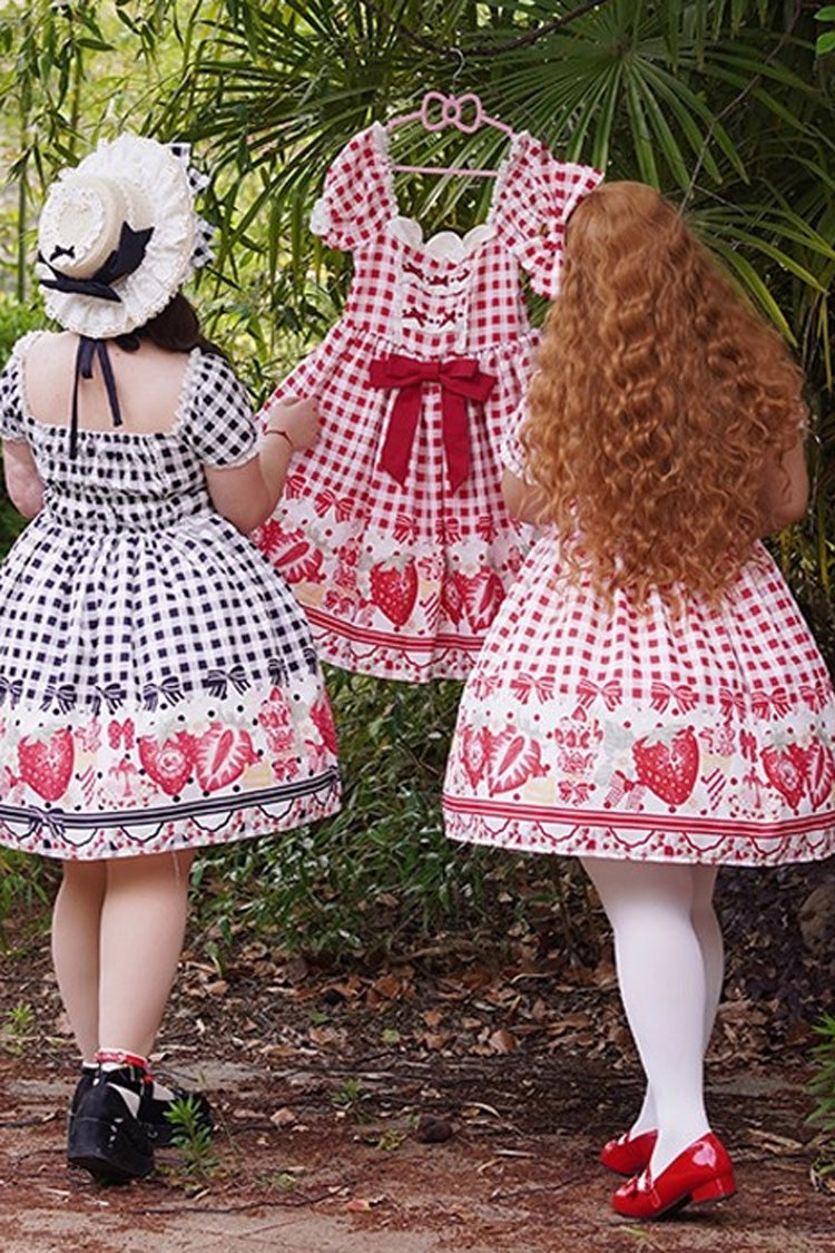 Strawberry-Plaid Sweet Lolita Dress with Bow Accents