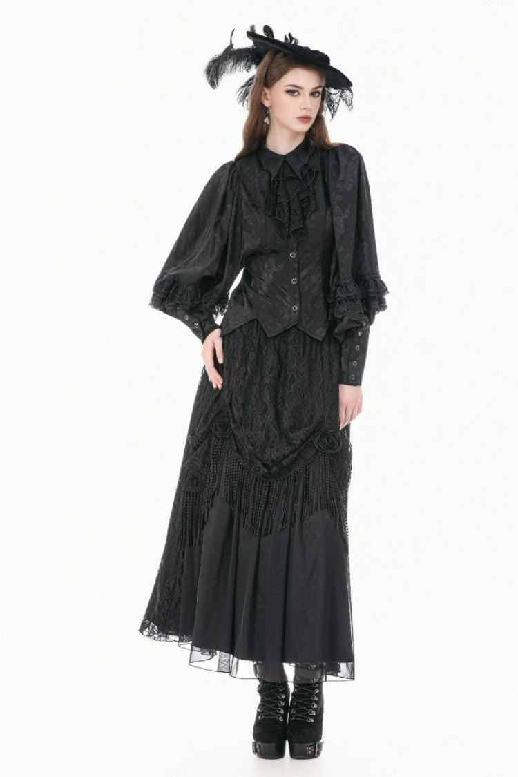 Rose Jacquard Bishop Sleeve Blouse with Tie - Gothic Edge