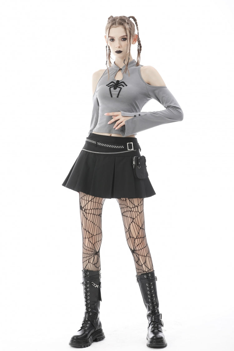 Jet-Black Chain-Trimmed Pleated Mini Skirt with Waistbelt