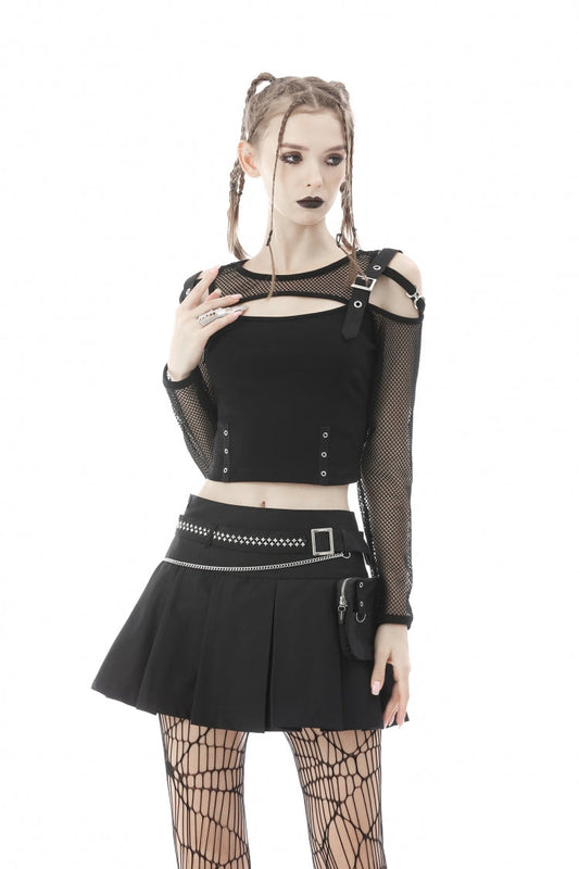 Jet-Black Chain-Trimmed Pleated Mini Skirt with Waistbelt