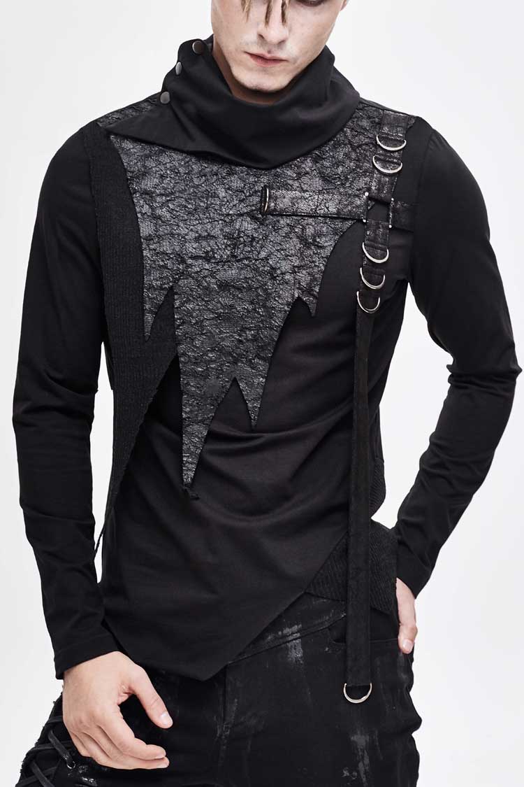 Men's Punk Tee with Cross Clasp and Asymmetric Hem - Noir