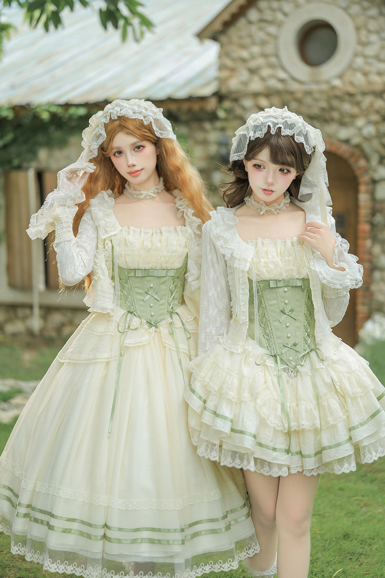 Emerald Square Neck Ruffled Lace Bow Accent Sweet Lolita JSK in Two Styles
