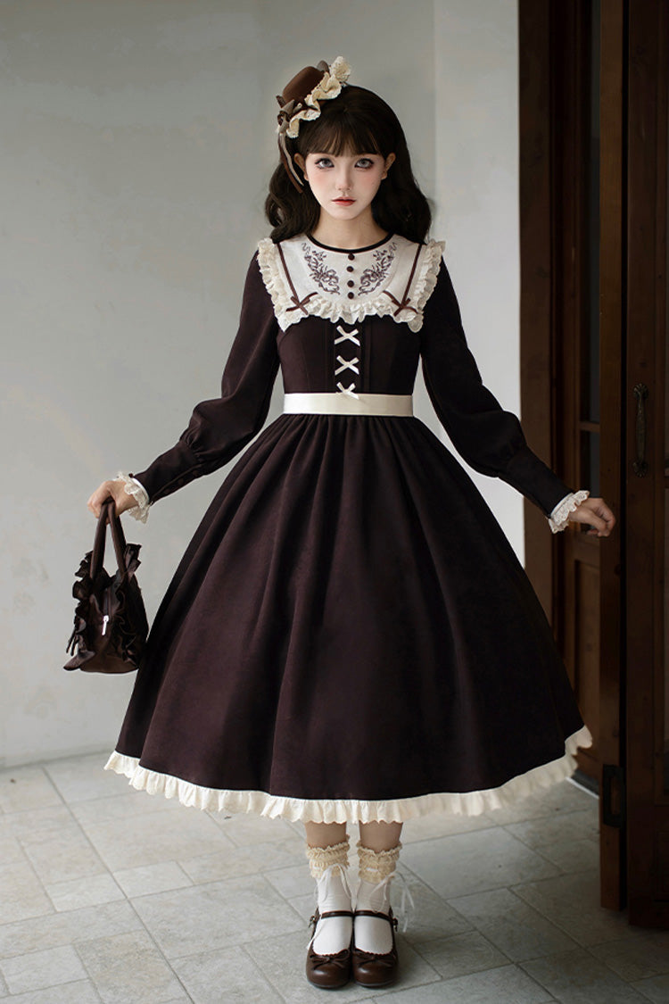 Chocolate Long Sleeve Embroidered Bouquet Ruffle Lolita Dress - Miss Brown