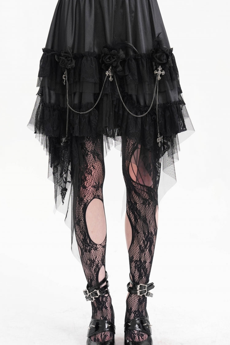 Women's Gothic Skirt with Chain Ruffle, Lace and Irregular Hem Cross