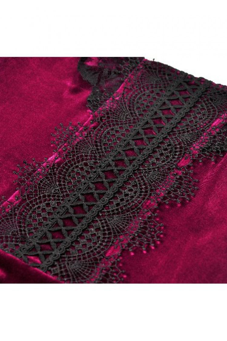 Burgundy Square Collar Short Puff Sleeve Velvet Patchwork Lace Lace-Up Gothic Dress