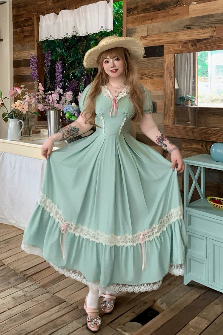 Emerald V Collar Short Sleeve Ruffled Lace Sweet Plus Size Lolita Gown