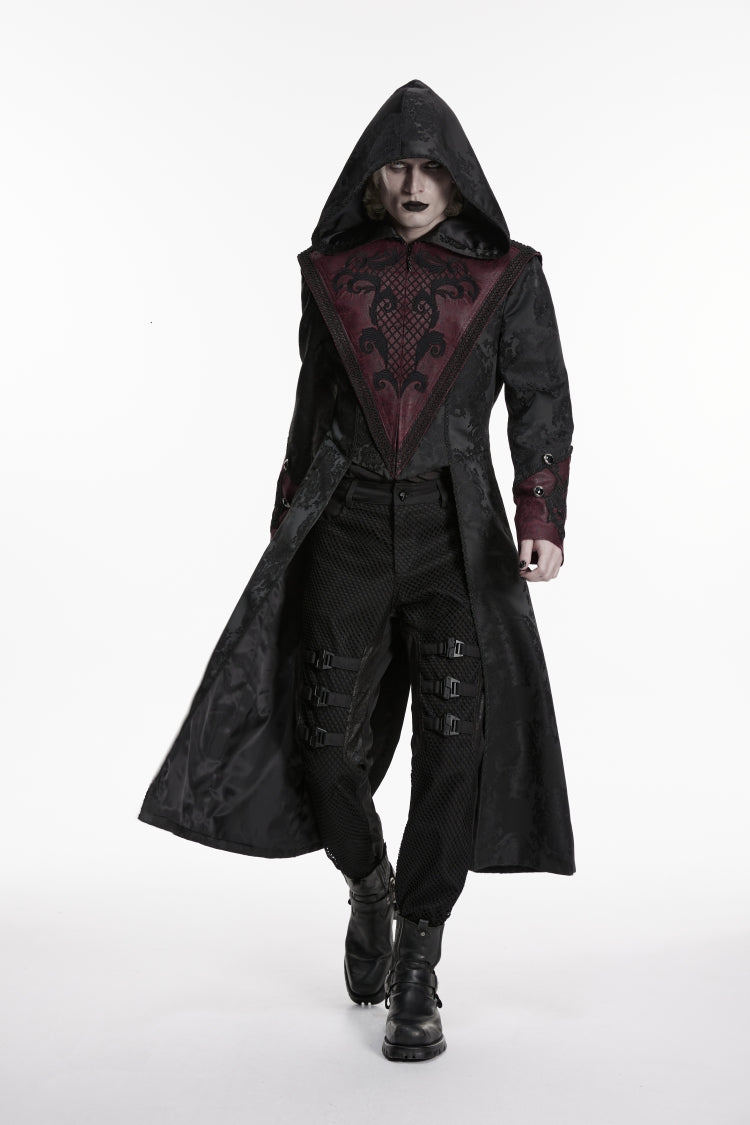 Crimson Noir Jacquard Hooded Embroidered Spliced Long-Sleeve Men's Punk Jacket