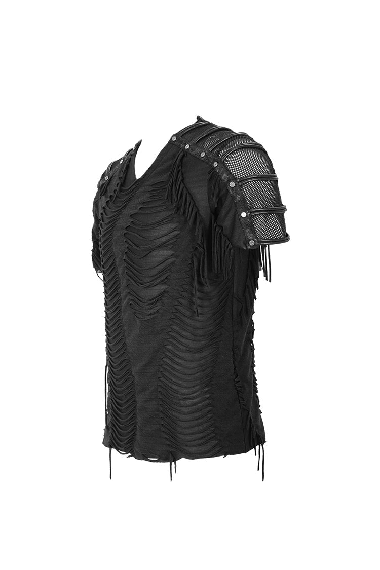 Punk T-Shirt with Tattered Stripes and Mesh Sleeves
