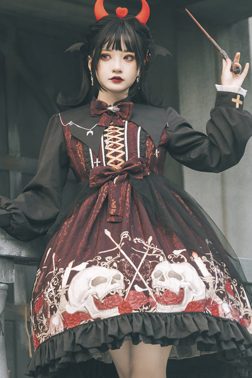 Crimson Noir High-Waist Printed Lolita OP Dress with Lapel Collar