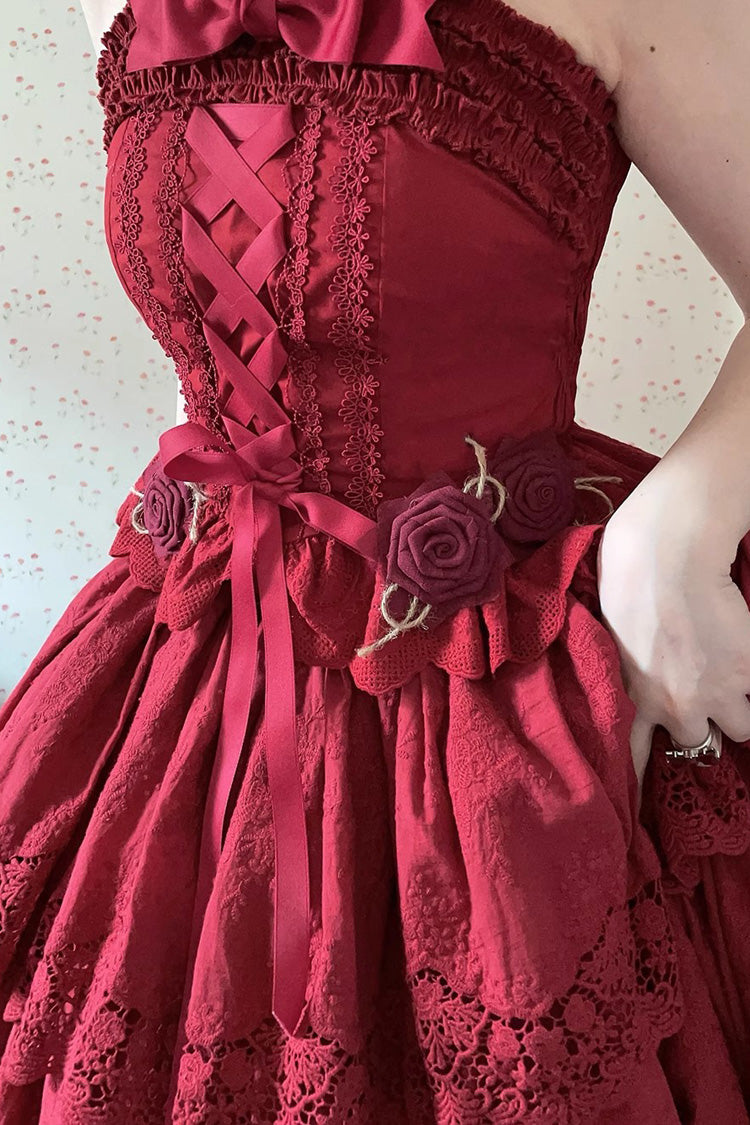 Burgundy Forest Waltz Embroidery Bow Lace-Up Slim Sweet Elegant Lolita Suspender Top
