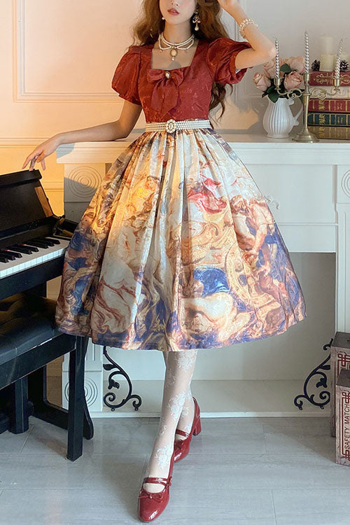 Crimson Puff-Sleeve OP with Cathedral Print