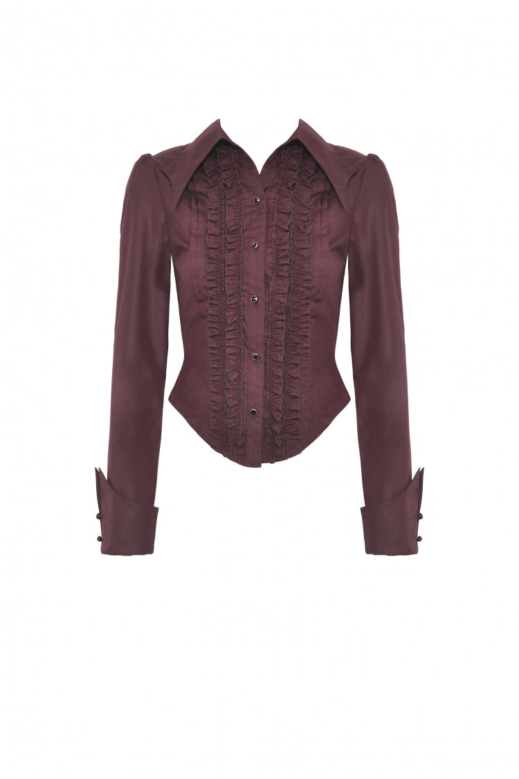 Burgundy Turn-Down Collar Ruffled Long Sleeve Gothic Women's Blouse