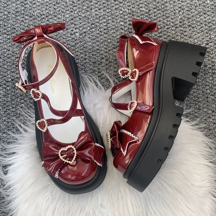 Burgundy Faux Leather Cross Strap Bow Lolita Shoes