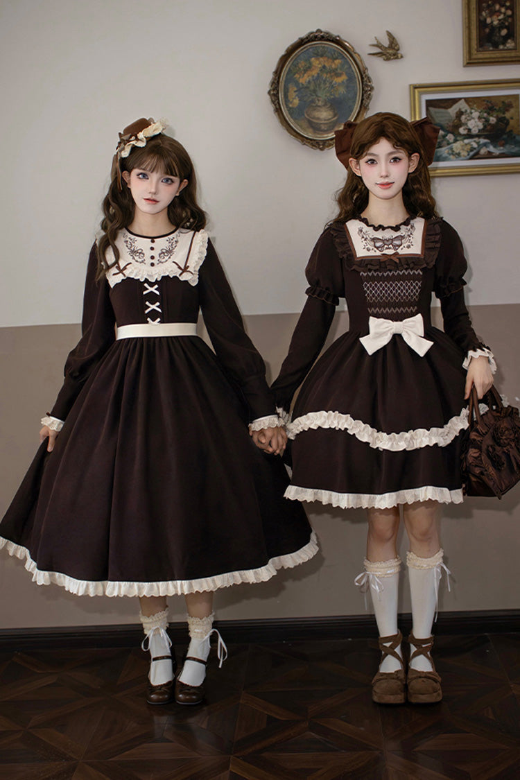 Chocolate Double Layer Ruffle Bow Embroidered Short Lolita Dress - Miss Brown
