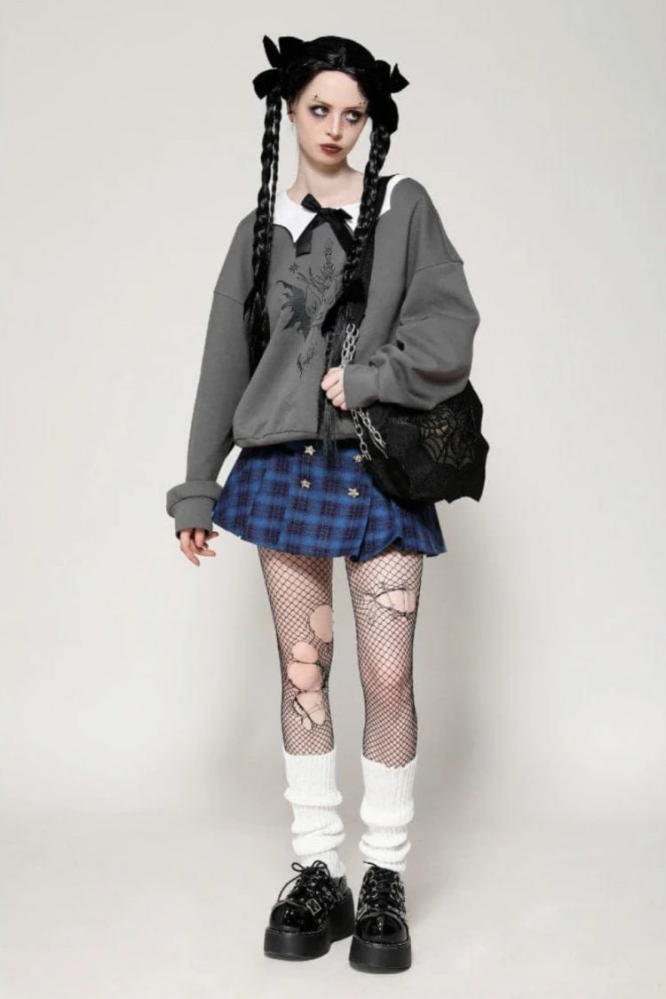 Vintage College Style Stars Plaid Pleated Mini Skirt