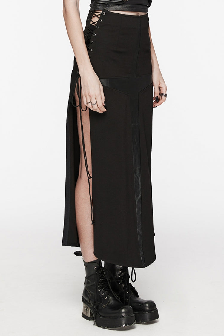 Women's Steampunk Skirt with Lace-Up Stitching and Cross Print