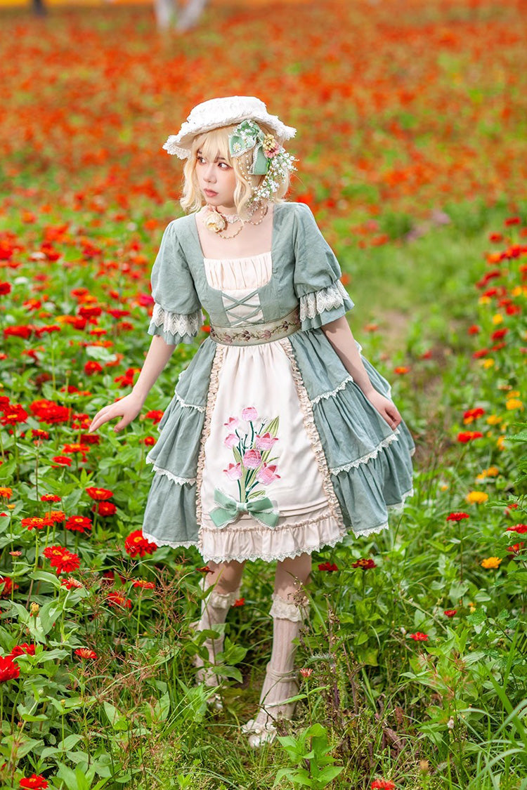 Elegant Lolita JSK with Tulip Print and Multi-Layer Embroidery