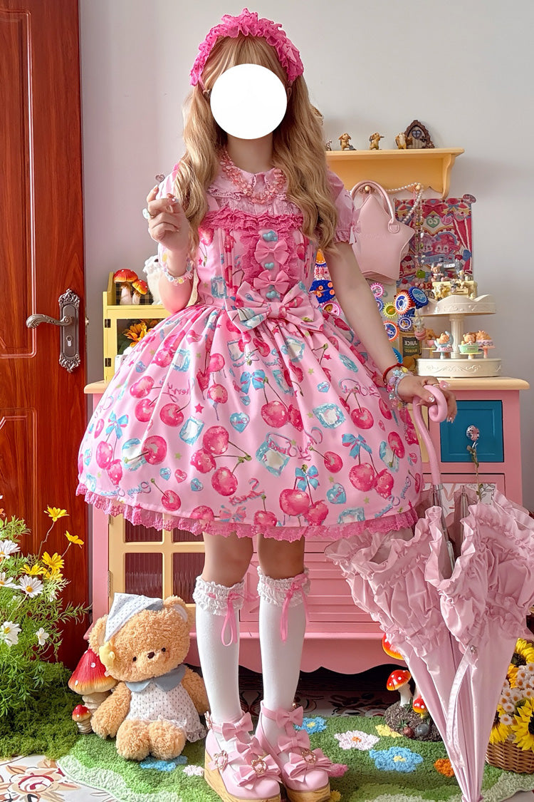 Cherry Sweet Ice Print Ruffle Bow Lace Lolita JSK