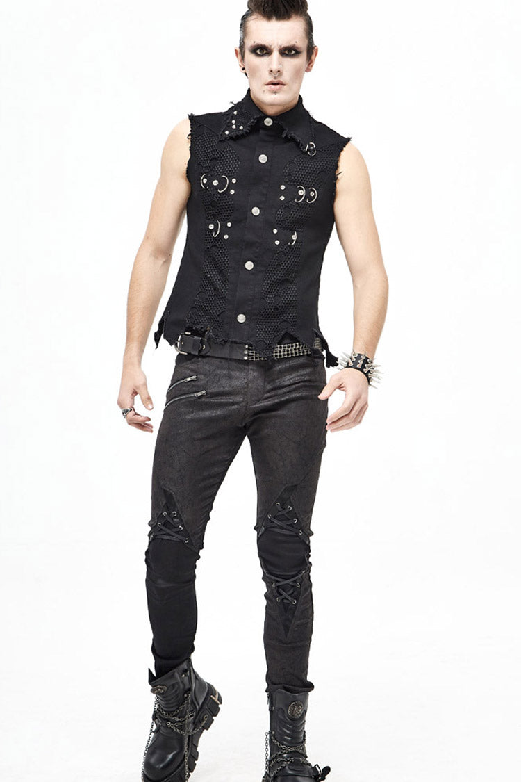 Distressed Mesh-Trimmed Punk Waistcoat with Raw Hem - Noir