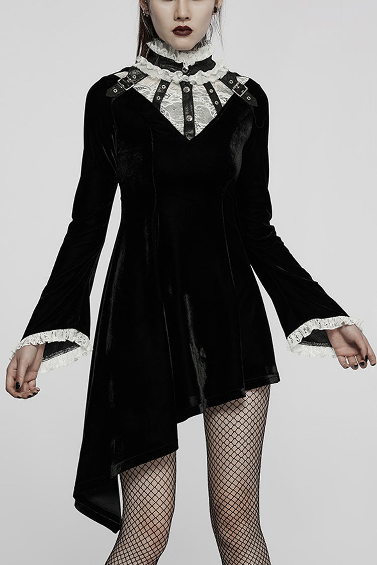 Flared Bell Sleeve Lace Patch Asymmetrical Gothic Gown - 2 Colors