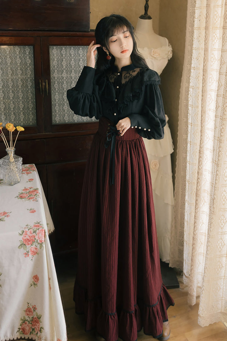 Crimson Noir High-Waist Lace Print Vintage Lolita Skirt Set with Long Sleeves