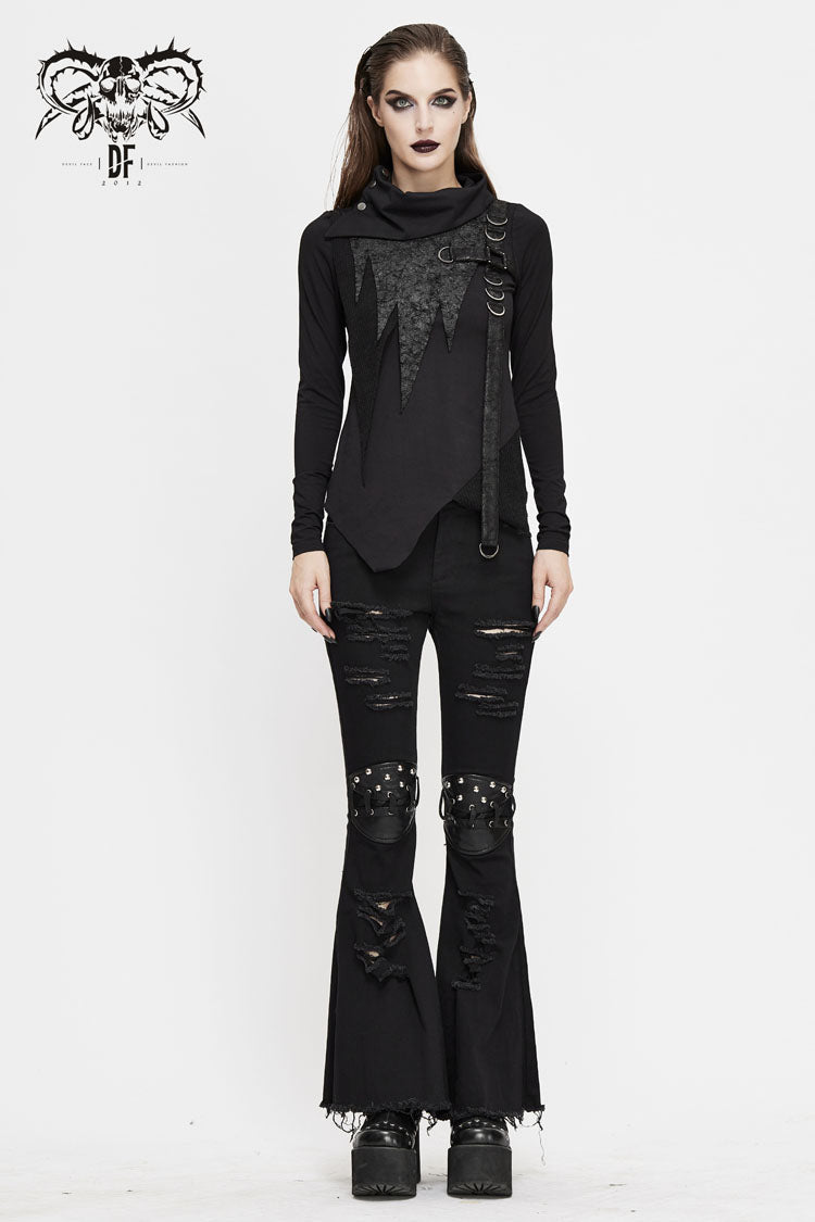 Women's Punk Tee with Cross Clasp and Asymmetric Hem - Noir